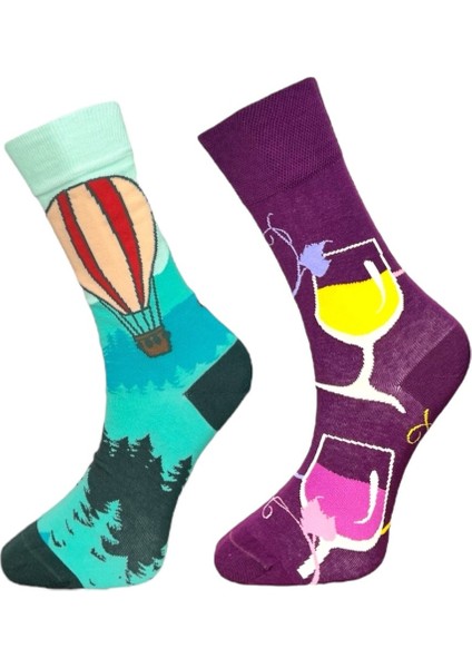 2'li Unısex Sıcak Hava Balonu ve Şarap Kadeh Tasarımlı Esnek Nem Alabilen Pamuklu Soket Çoraplar