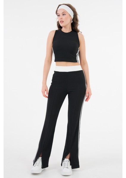 Siyah Şerit Detaylı Bisiklet Yaka Crop Bluz - Beli Lastikli Pantolon Fitilli Örme Takım