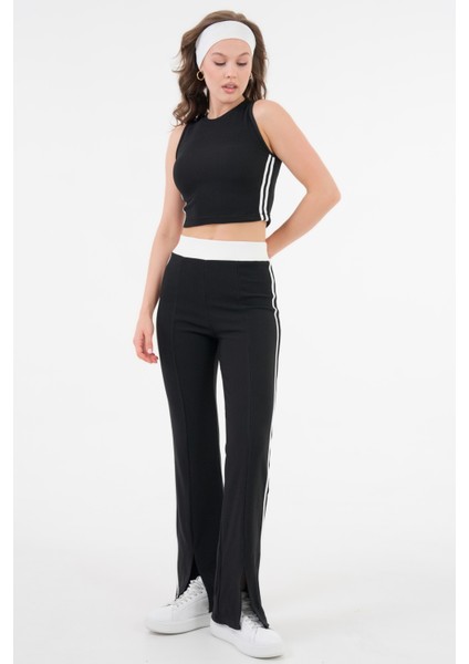 Siyah Şerit Detaylı Bisiklet Yaka Crop Bluz - Beli Lastikli Pantolon Fitilli Örme Takım