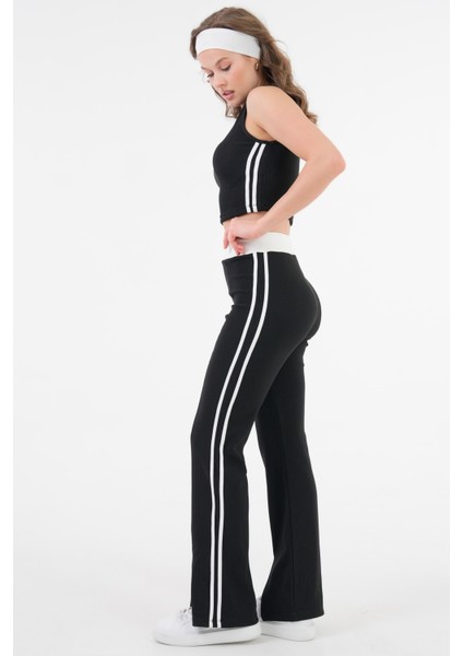 Siyah Şerit Detaylı Bisiklet Yaka Crop Bluz - Beli Lastikli Pantolon Fitilli Örme Takım