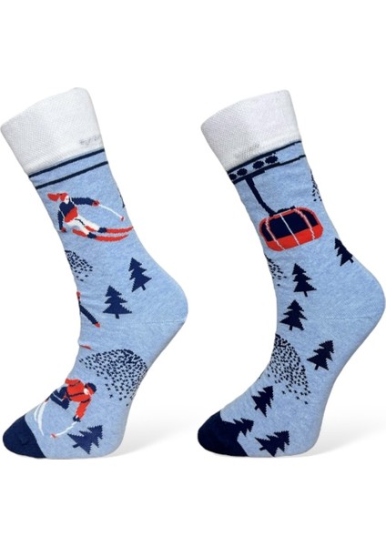 2'li Unısex Kayak Temalı Tasarımlı Esnek Nem Alabilen Pamuklu Soket Çoraplar