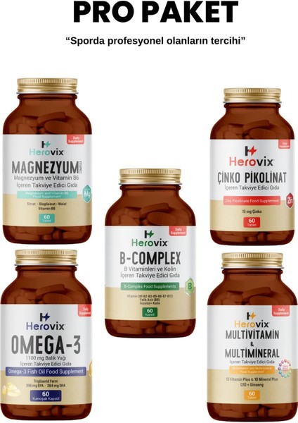 Sporculara Özel 5'li Pro Paket Omega3 - Magnezyum - Multivitamin - Çinko - B Complex
