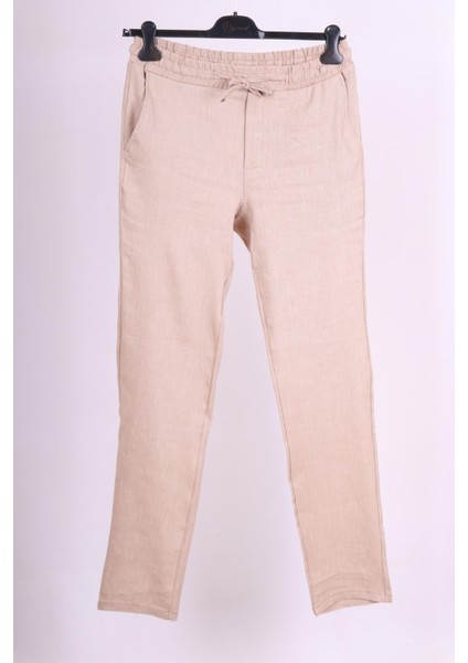 Erkek Bej Yandan Cepli Beli Lastikli Bağcıklı Keten Jogger Pantolon