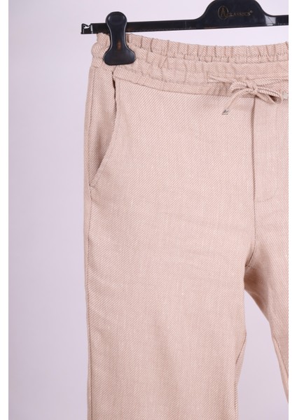 Erkek Bej Yandan Cepli Beli Lastikli Bağcıklı Keten Jogger Pantolon fiyatları