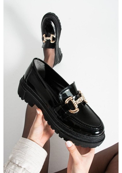 Loafer Günlük Kadın Parlak Siyah Taş Detaylı Rahat Ayakkabı modelleri