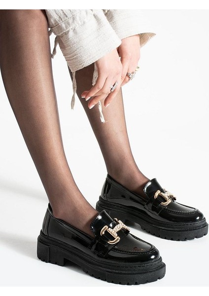 Loafer Günlük Kadın Parlak Siyah Taş Detaylı Rahat Ayakkabı fırsatları