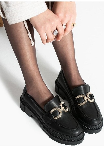 Loafer Günlük Kadın Siyah Taş Detaylı Rahat Ayakkabı