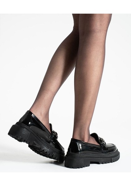 Loafer Günlük Kadın Parlak Siyah Taş Detaylı Rahat Ayakkabı modelleri
