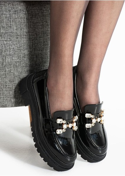 Loafer Günlük Kadın Parlak Siyah Taş Detaylı Rahat Ayakkabı