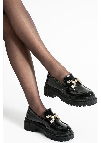 Loafer Günlük Kadın Parlak Siyah Taş Detaylı Rahat Ayakkabı fiyatları