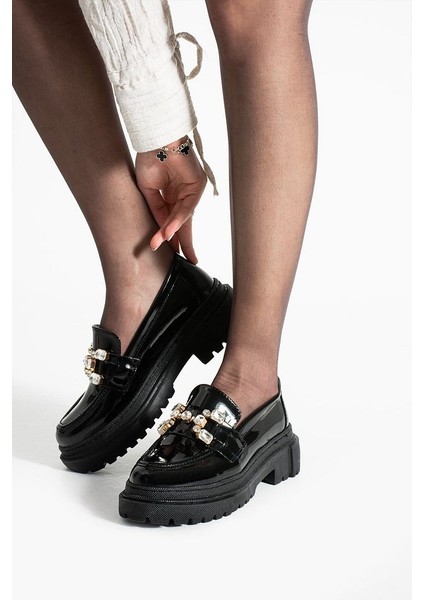 Loafer Günlük Kadın Parlak Siyah Taş Detaylı Rahat Ayakkabı fırsatları