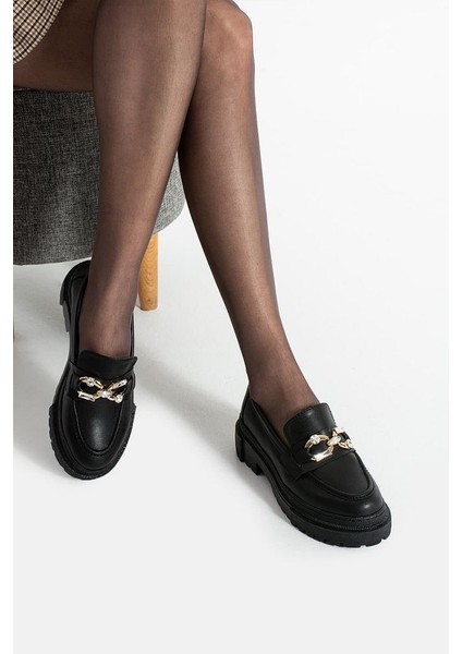Loafer Günlük Kadın Siyah Taş Detaylı Rahat Ayakkabı