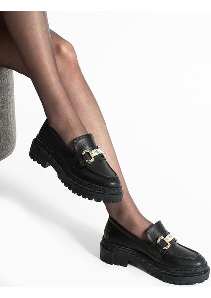 Loafer Günlük Kadın Siyah Taş Detaylı Rahat Ayakkabı