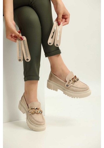 Tokası Değişebilen Loafers Günlük Kadın Süet Krem Ayakkabı