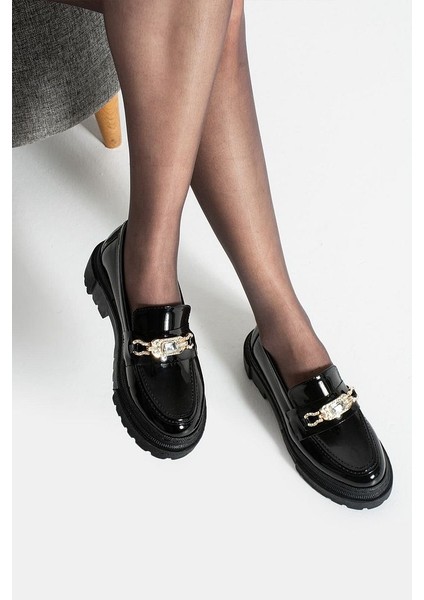Loafer Günlük Kadın Parlak Siyah Taş Detaylı Rahat Ayakkabı