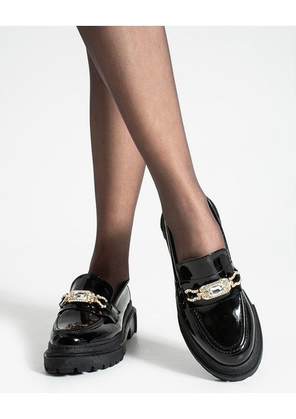Loafer Günlük Kadın Parlak Siyah Taş Detaylı Rahat Ayakkabı modelleri