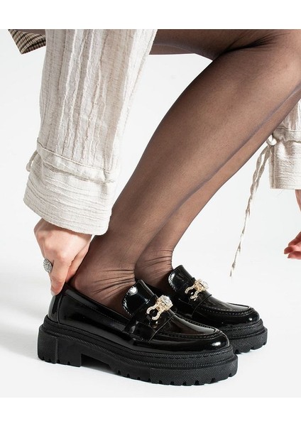 Loafer Günlük Kadın Parlak Siyah Taş Detaylı Rahat Ayakkabı fırsatları