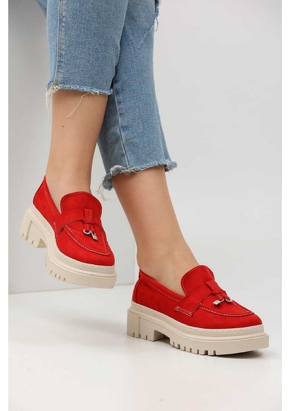 Loafer Kadın Süet Kırmızı Tokalı Günlük Ayakkabı