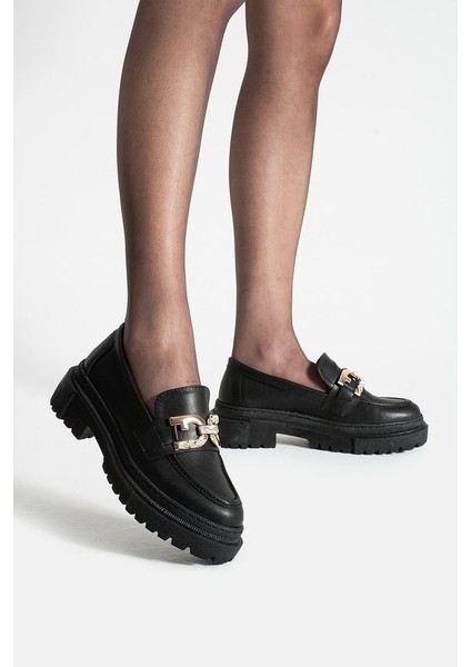 Loafer Günlük Kadın Siyah Taş Detaylı Rahat Ayakkabı