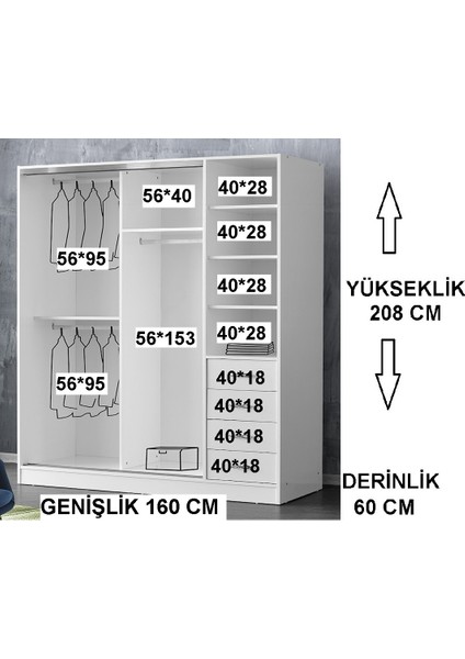 Samara Sürgülü Kapaklı Şifonyerli Gardırop 160 cm modelleri