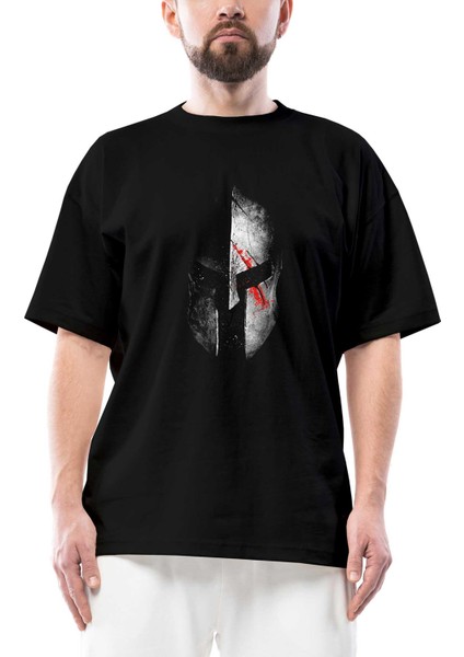 Spartan Helmet Gri Oversize Siyah Tişört