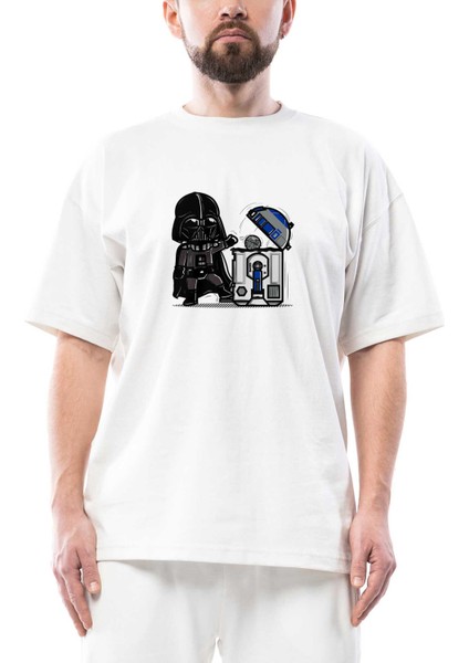 Darth Vader R2D2 Trashcan Oversize Beyaz Tişört
