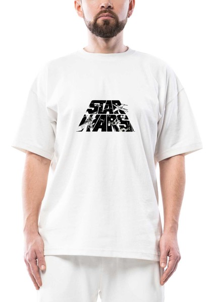 Star Wars Logo 3 Oversize Beyaz Tişört