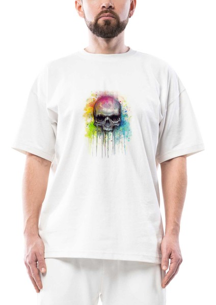 Skull Kuru Kafa Paint Oversize Beyaz Tişört