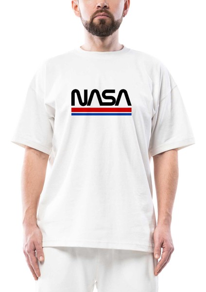 Nasa Red Blue Oversize Beyaz Tişört