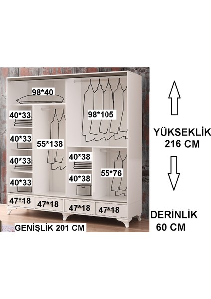 Mars Sürgülü Kapaklı Şifonyerli Gardırop 200 cm