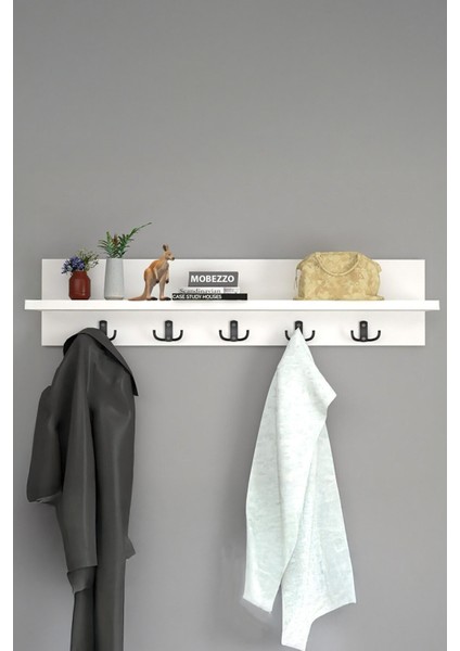 Ahşap Raflı Duvar Askılığı 5 Kancalı Portmanto Askı Anahtarlık Askısı Banyo Giriş Hol İçin 70 Cm Beyaz