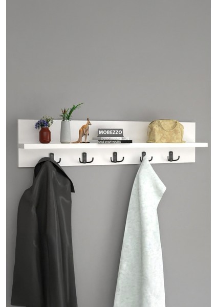 Ahşap Raflı Duvar Askılığı 5 Kancalı Portmanto Askı Anahtarlık Askısı Banyo Giriş Hol İçin 70 Cm Beyaz