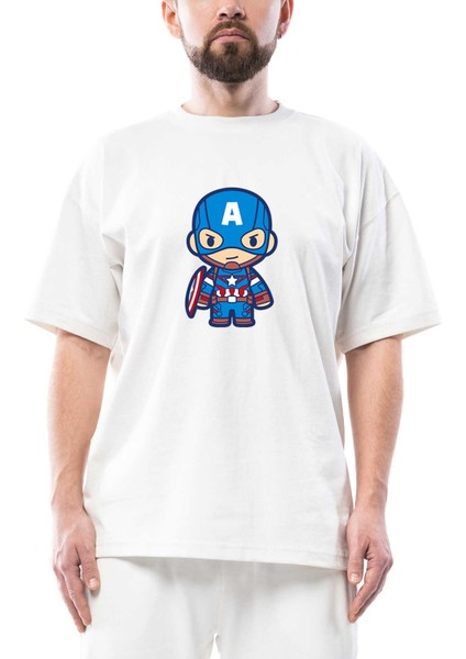 Captain America Animation Oversize Beyaz Tişört
