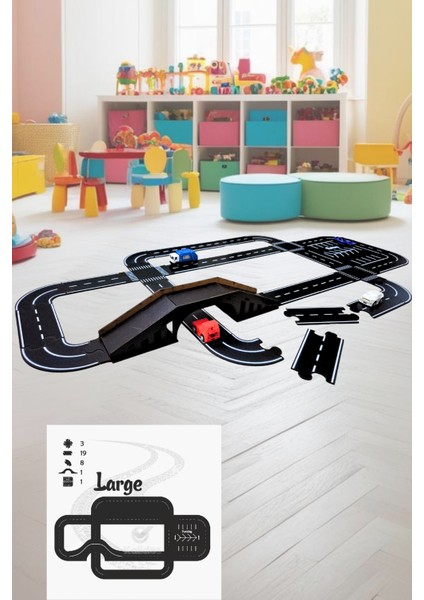 Oyuncak Araba, Araç Parkuru (Large) -Eğitici ve Eğlenceli Yol Yapım Ahşap Oyuncak - Otoban Puzzle