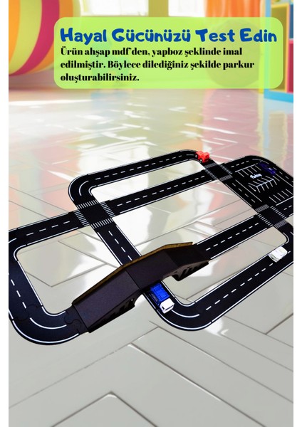 Oyuncak Araba, Araç Parkuru (Large) -Eğitici ve Eğlenceli Yol Yapım Ahşap Oyuncak - Otoban Puzzle