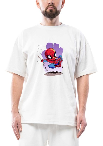 Spiderman Cartoon Oversize Beyaz Tişört