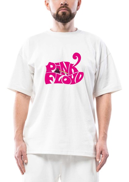 Pink Floyd Black Text Oversize Beyaz Tişört