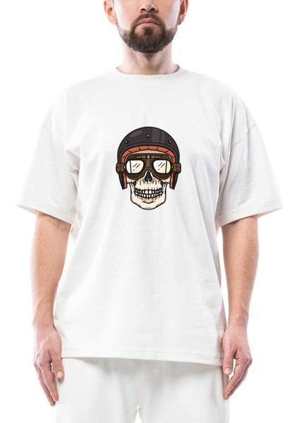 Skull Helmet Oversize Beyaz Tişört