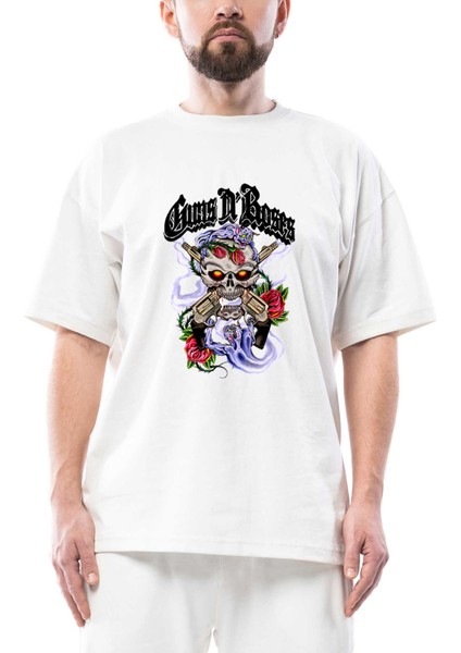 Guns N Roses Skull And Gun Oversize Beyaz Tişört