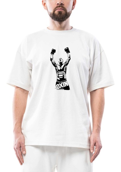 Boxing Fighter Silhouette Oversize Beyaz Tişört