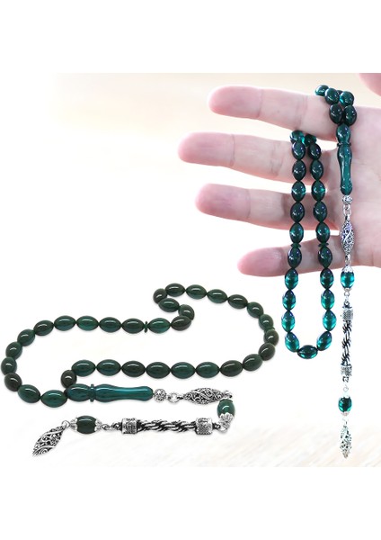 Kararmaz Metal Halat Püsküllü Arpa Kesim Su Mavisi Ateş Kehribar Tesbih
