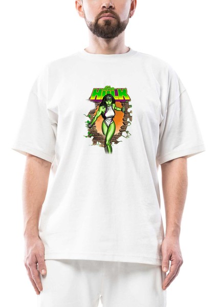 She Hulk Duvar Oversize Beyaz Tişört