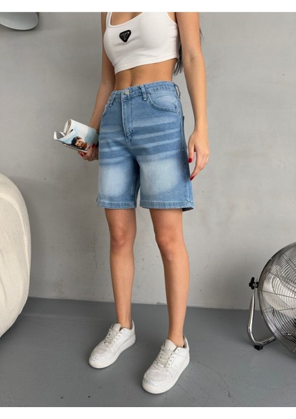 Kadın Efektli Yüksek Bel Bermuda Denim Kot Şort