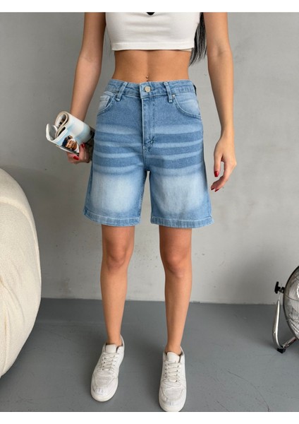 Kadın Efektli Yüksek Bel Bermuda Denim Kot Şort