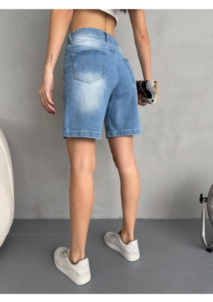 Kadın Efektli Yüksek Bel Bermuda Denim Kot Şort