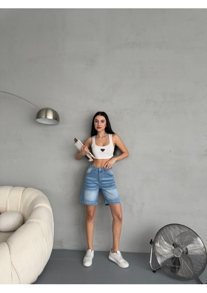 Kadın Efektli Yüksek Bel Bermuda Denim Kot Şort