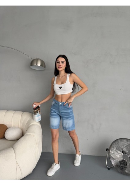 Kadın Efektli Yüksek Bel Bermuda Denim Kot Şort