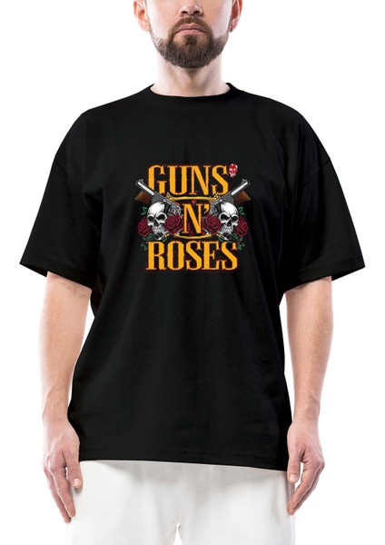 Guns N Roses Text Skull Siyah Oversize Tişört