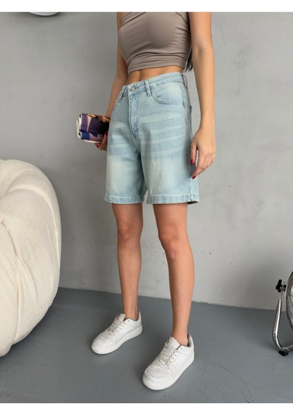 Kadın Efektli Yüksek Bel Bermuda Denim Kot Şort