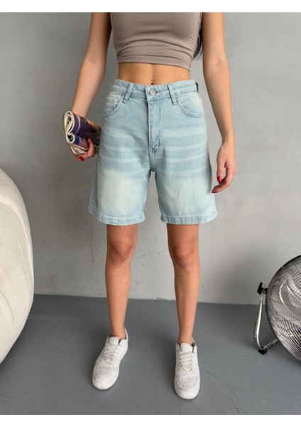 Kadın Efektli Yüksek Bel Bermuda Denim Kot Şort
